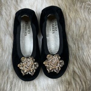 David Charles Girls Black Velvet Flats Sz 29 Gold Dress Shoes Designer
